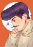  1boy diamond_wa_kudakenai higashikata_josuke homil22 jojo_no_kimyou_na_bouken pencil_on_nose pompadour pouty_lips profile sleeves_past_wrists solo squiggle sweater turtleneck violet_eyes 