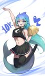  1girl :d absurdres arm_up bare_arms bare_shoulders black_legwear black_shirt black_skirt blue_eyes blue_hair cheerleader crop_top crop_top_overhang dorsal_fin fish_tail gradient_hair heart highres holding holding_pom_poms legs_up long_hair looking_at_viewer midriff miniskirt multicolored_hair navel original pleated_skirt pom_pom_(cheerleading) sbgu shark_tail sharp_teeth shirt skirt sleeveless sleeveless_shirt smile solo stomach tail teeth thigh-highs very_long_hair zettai_ryouiki 