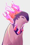  artist_name fire highres hisuian_typhlosion looking_at_viewer no_humans pokemon pokemon_(creature) purple_fire simple_background sirbarkalot smile solo upper_body yellow_eyes 