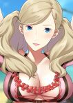  1girl alternate_costume asymmetrical_bangs bangs blonde_hair blue_eyes breasts hair_ornament hairclip highres igni_tion large_breasts looking_at_viewer open_mouth persona swimsuit takamaki_anne upper_body 