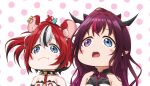  2girls absurdres animal_ears animal_on_head blue_eyes blush_stickers closed_mouth collar dice_hair_ornament eyebrows_visible_through_hair hair_between_eyes hair_ornament hakos_baelz heterochromia highres hololive hololive_english horns irys_(hololive) jan_azure mouse_ears mouse_on_head mr._squeaks_(hakos_baelz) multicolored_hair multiple_girls on_head pointy_ears polka_dot polka_dot_background shirt spiked_collar spikes strapless strapless_shirt virtual_youtuber 
