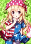  1girl :d american_flag_dress blonde_hair blush clownpiece cowboy_shot fire flame green_background hand_up hat highres jester_cap long_hair looking_at_viewer neck_ruff one-hour_drawing_challenge pink_eyes polka_dot ruu_(tksymkw) simple_background smile solo star_(symbol) starry_background thigh_gap torch touhou very_long_hair 
