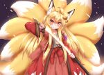  1girl :3 ahoge animal_ear_fluff animal_ears arm_up back_bow bangs bell blonde_hair blush bow closed_mouth embers eyebrows_visible_through_hair fang fang_out flaming_weapon flat_chest fox_ears fox_girl fox_tail grey_shirt hair_bell hair_between_eyes hair_ornament hakama haori happy highres holding holding_sword holding_weapon horokusa_(korai) japanese_clothes jingle_bell katana korai_(horokusa) kyuubi long_hair long_sleeves looking_at_viewer multiple_tails open_clothes orange_eyes original purple_background red_hakama sheath shiny shiny_hair shirt sidelocks simple_background smile solo standing sword tail unsheathing very_long_hair weapon wide_sleeves 