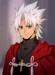  1boy amakusa_shirou_(fate) closed_mouth commentary_request cross cross_necklace dark-skinned_male dark_skin earrings fate/apocrypha fate/grand_order fate_(series) jewelry long_hair looking_at_viewer male_focus necklace smile white_hair yellow_eyes zanshi 