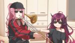  :3 absurdres baseball_cap commentary english_commentary hakos_baelz hat highres hololive hololive_english horns instrument irys_(hololive) jan_azure meme mori_calliope pink_hair pointy_ears ponytail purple_hair redhead sunglasses trombone upper_body virtual_youtuber when_mama_isn&#039;t_home when_you_see_it younger 