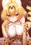  1girl :3 animal_ears blush bow bowtie breasts closed_mouth elbow_gloves eyebrows_visible_through_hair fang fang_out gloves highres horokusa_(korai) kemono_friends large_breasts looking_at_viewer orange_eyes orange_hair serval_(kemono_friends) serval_print short_hair skirt smile solo tail thigh-highs 