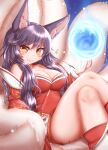  1girl ahri_(league_of_legends) animal_ears bangs bare_shoulders black_hair blush brown_eyes closed_mouth collarbone crossed_legs dress eyebrows_visible_through_hair facial_mark fang fang_out fox_ears fox_girl fox_tail highres horokusa_(korai) league_of_legends lips long_hair looking_at_viewer off-shoulder_dress off_shoulder red_dress slit_pupils smile solo swept_bangs tail 