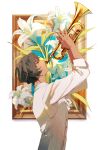  1boy arjuna_(fate) bangs black_hair closed_eyes commentary_request dark-skinned_male dark_skin fate/grand_order fate_(series) flower from_side hair_between_eyes highres holding instrument lily_(flower) long_sleeves male_focus profile sakuramochi1003 solo trumpet 