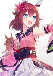  2girls akatsuki_(kuon) animal_ears armpits blue_eyes commentary_request detached_sleeves hair_between_eyes hair_ornament horse_ears horse_girl looking_to_the_side maruzensky_(umamusume) multiple_girls open_mouth petals pink_hair sakura_chiyono_o_(umamusume) simple_background umamusume white_background 