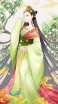  1girl absurdres black_hair chinese_clothes clouds dated earrings facial_mark food forehead_mark fruit hair_ornament hand_up hanfu highres holding holding_food holding_fruit jewelry long_hair looking_at_viewer makeup monkey necklace original outdoors peach smile solo standing t0dayscolor weapon wide_sleeves yellow_eyes 