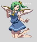  1girl :o ascot bangs bare_legs barefoot blue_skirt blue_vest blush breasts collared_shirt daiyousei eyebrows_visible_through_hair fairy_wings full_body green_eyes green_hair grey_background hair_ribbon highres legs_up one-hour_drawing_challenge open_mouth puffy_short_sleeves puffy_sleeves renshirenji ribbon shirt short_hair short_sleeves side_ponytail skirt small_breasts touhou vest white_shirt wings yellow_ascot yellow_ribbon 
