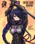  abs armor arms_up artist_request breasts crossover cyborg eyepatch genshin_impact highres katana long_hair looking_at_viewer metal_gear_(series) metal_gear_rising:_revengeance one_eye_covered purple_hair raiden_(metal_gear) raiden_shogun sword violet_eyes weapon 