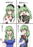  1girl :d ;d alternate_hairstyle anchovy_(girls_und_panzer) anzio_military_uniform bangs belt beret black_neckwear black_ribbon black_shirt black_vest blue_dress closed_mouth commentary dress dress_shirt drill_hair eyebrows_visible_through_hair girls_und_panzer green_hair grey_jacket hair_over_shoulder hair_ribbon hat highres holding holding_notebook jacket lapia_(206697) long_hair long_sleeves looking_at_viewer low-tied_long_hair military military_uniform neck_ribbon necktie notebook off-shoulder_dress off_shoulder office_lady older one_eye_closed open_mouth red-framed_eyewear red_eyes red_ribbon ribbon rimless_eyewear sam_browne_belt semi-rimless_eyewear shirt short_hair smile translated twin_drills twintails under-rim_eyewear uniform vest w watch watch white_shirt wing_collar 
