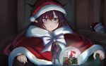  1girl absurdres blue_eyes blush bow capelet chromatic_aberration frown fur_trim hat heterochromia highres hololive hololive_english irys_(hololive) jan_azure looking_down meme pointy_ears pondering_my_orb_(meme) red_capelet red_headwear santa_hat sitting snow_globe solo tolkien&#039;s_legendarium violet_eyes virtual_youtuber white_bow 