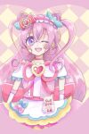  1girl :d blush choker commentary_request cure_precious delicious_party_precure earrings eyelashes hair_ornament hair_ribbon happy highres jewelry kome-kome_(precure) long_hair magical_girl nagomi_yui pink_choker pink_hair pink_theme precure ribbon sachi_(sach1_1) simple_background sketch smile solo violet_eyes 