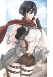  1girl abs alternate_eye_color belt biceps black_gloves black_hair blue_sky brown_skirt closed_mouth clouds cowboy_shot day fingerless_gloves gloves grey_eyes hair_between_eyes highres looking_at_viewer mikasa_ackerman mountain muscular muscular_female outdoors pink_lips pouty_lips red_scarf scarf serious shingeki_no_kyojin shiny shiny_hair shiny_skin shirt short_hair skirt sky solo stormyorha strap thighs three-dimensional_maneuver_gear torn_clothes torn_shirt torn_skirt white_shirt wind 
