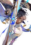  1boy arjuna_(fate) bangs black_eyes black_hair closed_mouth commentary_request dark-skinned_male dark_skin fate/grand_order fate_(series) gloves hair_between_eyes highres long_hair long_sleeves looking_at_viewer male_focus sakuramochi1003 solo weapon white_gloves 