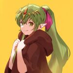  1girl bangs brown_robe closed_mouth commentary_request fire_emblem fire_emblem:_mystery_of_the_emblem fire_emblem_heroes green_eyes green_hair hair_between_eyes hair_ornament hair_ribbon highres hood hood_down hooded_robe jewelry jiro_(ninetysix) long_hair looking_at_viewer pink_ribbon pointy_ears ponytail ribbon robe simple_background smile solo tiara tiki_(fire_emblem) upper_body very_long_hair yellow_background 
