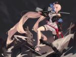  1girl absurdly_long_hair absurdres ahoge balance_(superdust) battle_rifle black_footwear black_jacket black_legwear blue_armband blue_bow blue_eyes blurry blurry_background blurry_foreground bow breasts closed_mouth commentary cropped_jacket debris dress dust fal_(girls&#039;_frontline) fn_fal full_body girls_frontline gun hair_bow highres holding holding_gun holding_weapon jacket large_breasts long_hair long_sleeves off_shoulder outdoors pink_hair rifle ruins short_dress solo thigh-highs thigh_strap very_long_hair weapon white_dress 