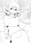  1girl blush collarbone eyebrows_visible_through_hair greyscale looking_at_viewer monochrome open_mouth reclining ringlets shiina_excel short_hair sitting smile solo touhou wakasagihime 