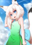  1girl :d animal_ear_fluff animal_ears bangs bare_shoulders blue_dress blue_eyes blue_sky blush clouds cloudy_sky contrail cowboy_shot day dress eyebrows_visible_through_hair fang fox_ears fox_girl fox_tail green_dress hair_between_eyes hand_up highres horokusa_(korai) looking_at_viewer medium_hair multicolored_clothes multicolored_dress original side_slit sky sleeveless slit_pupils smile solo tail tail_raised white_hair 