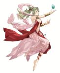  1girl alternate_costume bangs barefoot breasts closed_mouth clothing_cutout dress fire_emblem fire_emblem_awakening fire_emblem_heroes full_body green_eyes green_hair highres jewelry long_hair medium_breasts navel navel_cutout pointy_ears ponytail sakuremi smile solo tiara tiki_(fire_emblem) white_background 