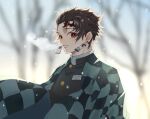  1boy bangs belt belt_buckle black_shirt blurry blurry_background breath bright_pupils brown_hair buckle checkered_haori commentary_request earrings eyelashes jacket jewelry kamado_tanjirou kimetsu_no_yaiba long_sleeves looking_at_viewer male_focus mutsu_(621300) open_mouth parted_lips red_eyes scar scar_on_face scar_on_forehead school_uniform shirt short_hair snow snowing solo standing symbol-shaped_pupils tree upper_body weapon white_pupils winter 