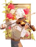  1boy bishounen blue_eyes commentary_request earrings fate/apocrypha fate/grand_order fate_(series) flower hair_between_eyes highres holding instrument jewelry karna_(fate) leaf long_hair male_focus pale_skin sakuramochi1003 shirt solo violin white_hair white_shirt 