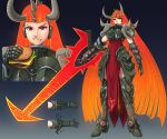  1girl arm_blade armor armored_boots blue_background boobplate boots burger crucible_(doom) cyborg demon_girl doom_(series) doom_eternal eating faulds food gauntlets glowing glowing_hair gradient gradient_background highres horns long_hair orange_hair personification red_eyes shoulder_armor solo standing substance20 sword tabard very_long_hair weapon 