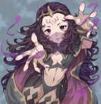  1girl blue_panties bodystocking breasts cape circlet facial_mark fire_emblem fire_emblem_fates long_hair looking_at_viewer midriff mojakkoro nail_polish navel nyx_(fire_emblem) open_mouth outstretched_arms panties pantyhose purple_nails red_eyes small_breasts underwear veil very_long_hair 