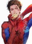  1boy commentary doughnut eating english_commentary food funpjinju holding holding_food male_focus marvel muscular peter_parker solo spider-man spider-man_(series) spider_web_print superhero white_background 