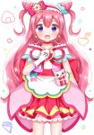  1girl :d aisumi14 blush choker commentary_request cure_precious delicious_party_precure earrings eyelashes hair_ornament hair_ribbon happy highres jewelry kome-kome_(precure) long_hair magical_girl nagomi_yui pink_choker pink_hair pink_theme precure ribbon simple_background sketch smile solo violet_eyes 