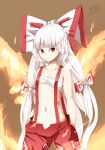  1girl baggy_pants bangs bare_shoulders bow brown_background chest_sarashi cigarette collarbone eyebrows_visible_through_hair fiery_wings fire fujiwara_no_mokou hair_bow hand_in_pocket hell.k highres long_hair midriff navel ofuda ofuda_on_clothes open_fly pants red_eyes red_pants sarashi simple_background stomach suspenders touhou very_long_hair white_bow white_hair wings 