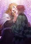  2boys bangs belt belt_buckle buckle buttons checkered_clothes clinging commentary_request crying earrings fingernails flower hand_on_another&#039;s_back hand_on_another&#039;s_face haori hatching_(texture) highres japanese_clothes jewelry kamado_tanjirou katana kimetsu_no_yaiba long_hair long_sleeves male_focus mismatched_eyebrows multicolored_hair multiple_boys open_mouth orange_hair parted_lips patterned patterned_clothing petals ponytail redhead remsor076 rengoku_kyoujurou scabbard scar scar_on_face scar_on_forehead sheath sword tears thick_eyebrows tree turtleneck uniform weapon white_belt wide_sleeves wisteria 
