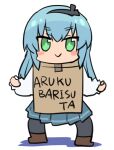  1girl :&gt; alice_gear_aegis blue_hair blush blush_stickers brown_footwear cardboard_box_gundam chibi commentary_request eyebrows_visible_through_hair green_eyes headband long_hair long_sleeves meme ochanomizu_mirie skirt smile solo stroma 