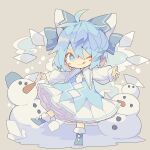  1girl ;q adapted_costume ahoge bangs blue_bow blue_dress blue_eyes blue_footwear blue_hair blush_stickers boots bow bright_pupils chibi cirno detached_wings dress full_body fur-trimmed_boots fur_trim hair_bow highres ice ice_wings long_sleeves looking_at_viewer nikorashi-ka one_eye_closed outstretched_arms snowman solo spread_arms standing standing_on_one_leg star-shaped_pupils star_(symbol) symbol-shaped_pupils tongue tongue_out touhou white_dress white_pupils wings 