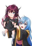  2girls :3 absurdres blue_eyes blue_hair blush detached_wings elie_wayne fang heterochromia highres holding_person hololive hololive_english horns irys_(hololive) jan_azure lifting lifting_person long_hair meme multiple_girls multiple_horns open_mouth original oversized_clothes oversized_shirt pink_shirt purple_hair shirt short_hair smile violet_eyes virtual_youtuber wings younger 