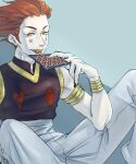  1boy armlet bare_shoulders bracelet card facial_mark hisoka_morow homil22 hunter_x_hunter jewelry licking male_focus pants playing_card redhead sitting solo white_pants yellow_eyes 