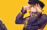  1boy blurry depth_of_field diamond_wa_kudakenai gakuran green_eyes hands_in_hair higashikata_josuke homil22 jojo_no_kimyou_na_bouken peace_symbol pompadour profile purple_hair school_uniform solo yellow_background 