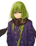  1boy androgynous bangs braid brown_scarf closed_mouth commentary_request enkidu_(fate) eyebrows_visible_through_hair fate/grand_order fate/strange_fake fate_(series) green_eyes green_hair long_hair long_sleeves looking_at_viewer male_focus scarf smile solo zanshi 