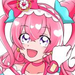  1girl :d blush choker commentary_request cure_precious delicious_party_precure earrings eyelashes hair_ornament hair_ribbon happy highres jewelry kagatocha kome-long_hair magical_girl nagomi_yui pink_choker pink_hair pink_theme precure ribbon simple_background sketch smile solo violet_eyes 