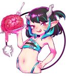 1girl bangs belt beltbra black_hair blue_belt blue_hair blue_panties blush brain chaki_(teasets) chest_belt commentary_request demon_girl demon_horns demon_tail eyebrows_visible_through_hair fang flat_chest fork hand_on_hip highleg highleg_panties holding holding_plate horns looking_at_viewer medium_hair multicolored_hair navel open_mouth panties plate pointy_ears red_eyes shishio_chris side_ponytail simple_background smile solo sugar_lyric tail transparent_background two-tone_hair underwear upper_body virtual_youtuber 