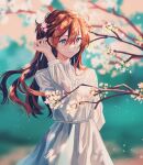  1girl blue_eyes blurry blurry_background branch closed_mouth commentary cowboy_shot day dress expressionless flower hair_flower hair_ornament hajikkoneko hand_in_hair hand_up highres long_hair long_sleeves neon_genesis_evangelion orange_hair outdoors pink_flower solo souryuu_asuka_langley symbol-only_commentary white_dress 