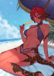  1girl absurdres arm_support armpit_crease au_ra bare_arms bare_legs bare_shoulders beach beach_umbrella bikini black_nails black_sclera blue_sky blurry bob_cut breasts breasts_apart clouds cloudy_sky collarbone colored_sclera commentary criss-cross_halter dark-skinned_female dark_skin day depth_of_field dragon_girl dragon_horns dragon_tail eyebrows_visible_through_hair eyelashes eyeshadow final_fantasy final_fantasy_xiv fingernails food groin hair_between_eyes halterneck hand_up highleg highleg_swimsuit highres holding holding_food horizon horns ice_cream large_breasts lips long_fingernails looking_at_viewer makeup nail_polish navel ocean outdoors palm_tree parted_lips pink_eyes pink_swimsuit redhead sand scales shore short_hair sitting sky slit_pupils solo stomach swimsuit tail tree umbrella uni_(melm) wariza water 