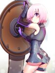 1girl armor armored_dress ass bare_shoulders breasts elbow_gloves eyebrows_visible_through_hair fate/grand_order fate_(series) female_ass gloves jiuyuan_dayo lavender_eyebrows lavender_hair looking_at_viewer mash_kyrielight medium_breasts purple_eyes purple_gloves shield shielder_(fate/grand_order) short_hair smile solo thigh-highs