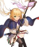  1girl ;d absurdres artoria_pendragon_(caster)_(fate) artoria_pendragon_(fate) black_gloves black_legwear blonde_hair blue_bow blue_bowtie blue_cape blue_capelet bow bowtie buttons cape capelet cropped_jacket double-breasted fate/grand_order fate_(series) gloves green_eyes grin highres holding holding_staff long_hair long_sleeves looking_at_viewer mimihachi one_eye_closed pantyhose parted_hair sheath sheathed skirt smile solo staff sword twintails weapon white_skirt 