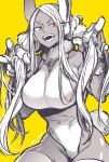  1girl animal_ears boku_no_hero_academia breasts dark-skinned_female dark_skin greyscale highres large_breasts leotard long_hair looking_at_viewer mirko monochrome open_mouth rabbit_ears rabbit_tail red_eyes simple_background solo tail takatsuki_ichi teeth thigh-highs yellow_background 