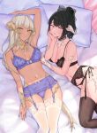  2girls absurdres arm_up armpits au_ra bangs bare_arms bare_shoulders black_bow black_bra black_garter_belt black_hair black_legwear black_panties blonde_hair blue_bra blue_garter_belt blue_panties blunt_bangs bow bow_bra bra breasts breasts_apart closed_mouth collarbone commentary cowboy_shot dark-skinned_female dark_skin dragon_girl dragon_horns dragon_tail eyebrows_visible_through_hair eyelashes eyeshadow final_fantasy final_fantasy_xiv fingernails frilled_bra frilled_garter_belt frills from_above garter_belt green_eyes green_nails hair_bow head_rest high_ponytail highres horns legs_together long_fingernails long_hair looking_at_viewer looking_to_the_side lying makeup medium_breasts medium_hair midriff_peek mole mole_on_breast multiple_girls nail_polish navel on_back on_bed on_side panties parted_bangs parted_lips pillow scales side-tie_panties slit_pupils smile stomach straight_hair string_panties tail thigh-highs thigh_gap underwear uni_(melm) white_bow white_horns white_legwear yellow_eyes 