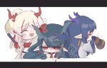 3girls :d =_= ^_^ afterimage arknights bangs blue_hair blush_stickers chibi closed_eyes collared_shirt commentary_request cosinecocosine dusk_(arknights) eyebrows_visible_through_hair gourd green_hair hair_between_eyes headpat highres holding holding_paintbrush horns jacket letterboxed ling_(arknights) multicolored_hair multiple_girls necktie nian_(arknights) open_clothes open_jacket paintbrush pointy_ears ponytail profile red_eyes red_necktie redhead shirt siblings simple_background sisters sleeveless sleeveless_shirt smile streaked_hair tail v-shaped_eyebrows white_background white_hair white_jacket white_shirt
