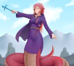  1girl cape cheshirrr clouds collarbone commission commissioner_upload fingernails highres lamia long_hair miia_(monster_musume) monster_girl monster_musume_no_iru_nichijou outdoors redhead scales slit_pupils solo wand yellow_eyes 